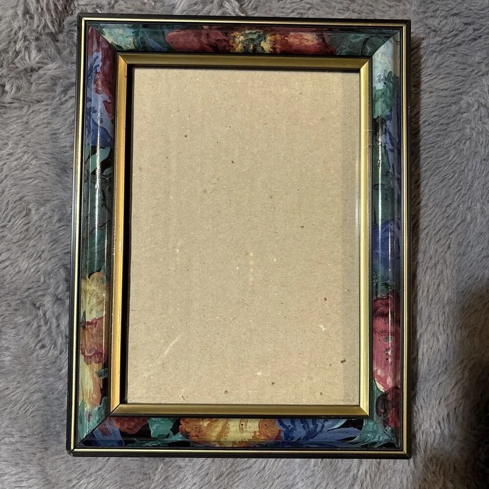 Vintage 80s 90s Floral Teal Yellow Gold Trim Frame Fits 5 X 7 Photo Cottagecore